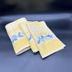 Vintage Yellow Floral Checkered Towel Set Blue White Flowers Cottage Santens USA